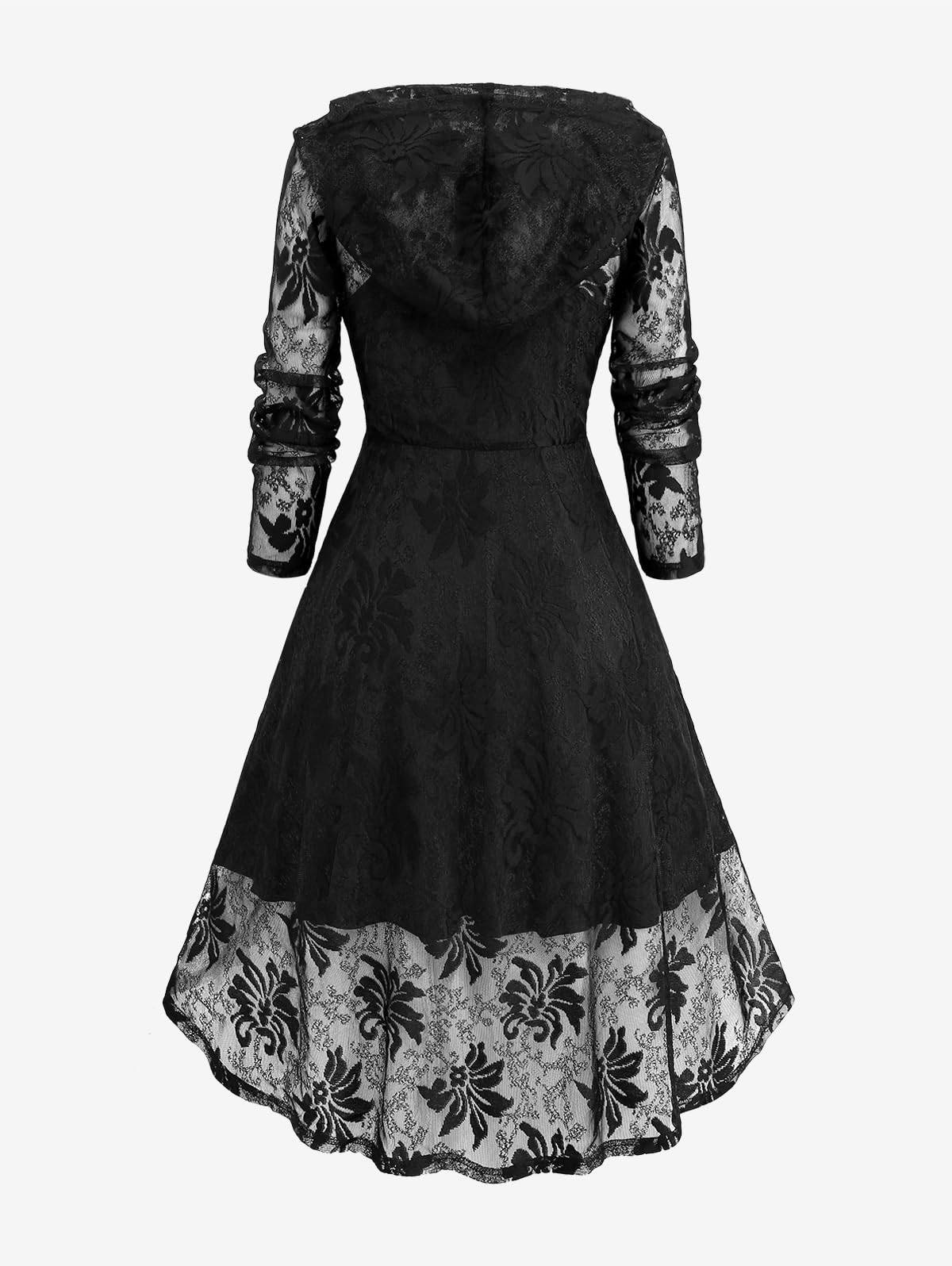 Rosegal Womens Plus Size 2pcs Witch Halloween Costume Gothic Lace Hooded Lace-up High Low Hem Long Top and Crisscross Strappy Cami Dress(Black/L)
