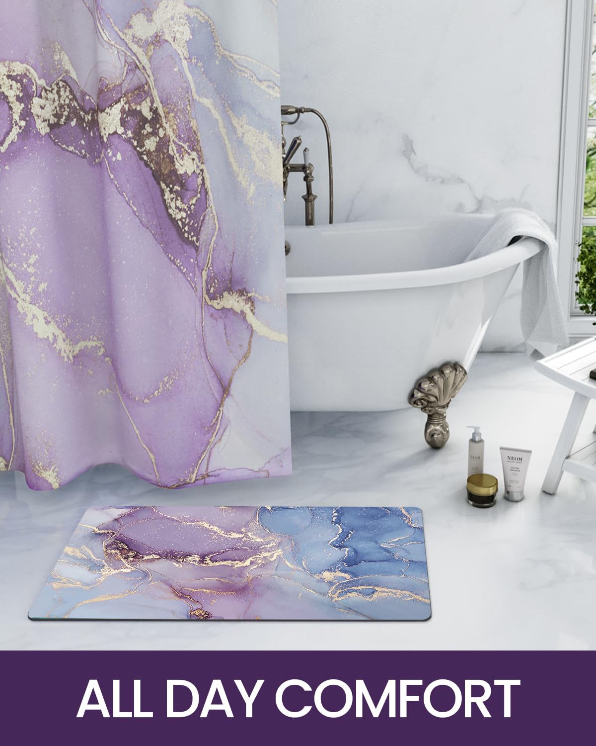 DEXI Bathroom Mat Ultra Thin, Non Slip Bath Rug for Shower Floor, Absorbent Quick Dry Marble Bathmats Low Profile, 16x24, Blue and Purple