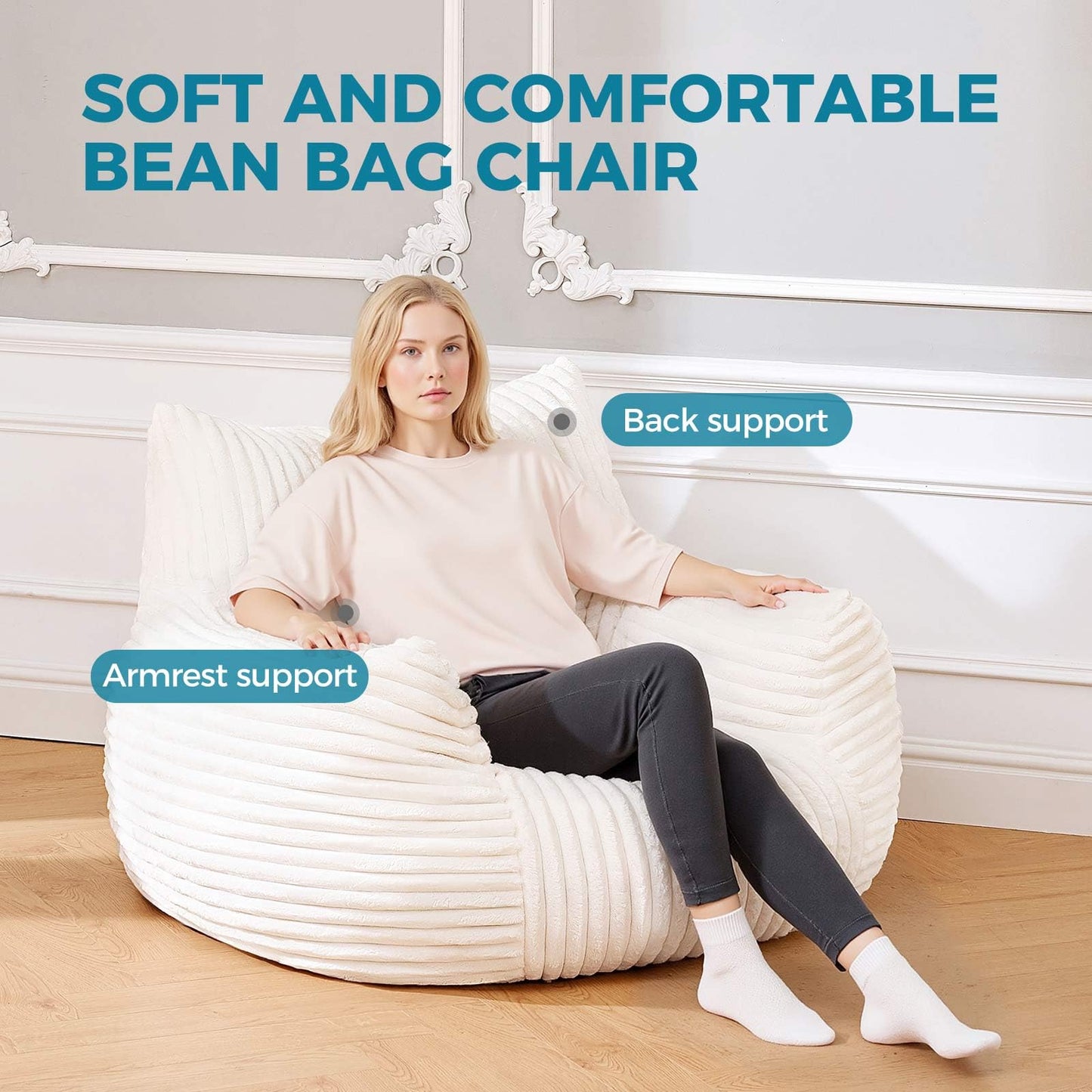 Bean Bag Chairs for Adults with Footstool,Bean Bag with Filler Included，Plush with armrests Bean Bag Chair，Floor Sofa is Suitable for Living Rooms, bedrooms,Reading (Off-White, Sofa Chair)
