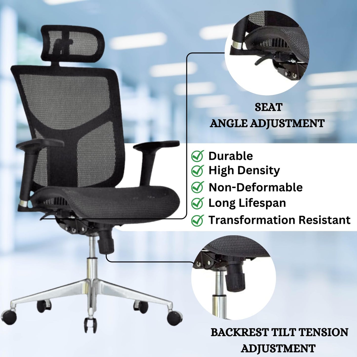 GM Seating Dreem II Ergonomic Office Chair - Mesh Hi Back Executive Desk Chair - Chrome Base with Headrest & Seat Slide - Modern Comfortable Desk Chair for Home & Office - 4D Adjustable Armrest Black
