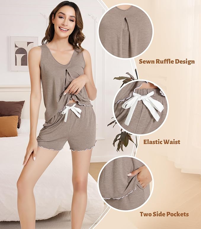 NACHILA Pajamas for Women-Viscose from Bamboo, Ribbed Racerback Tank Top Sexy Split Shorts Pajama Sets Cooling Sleep Cami Pjs