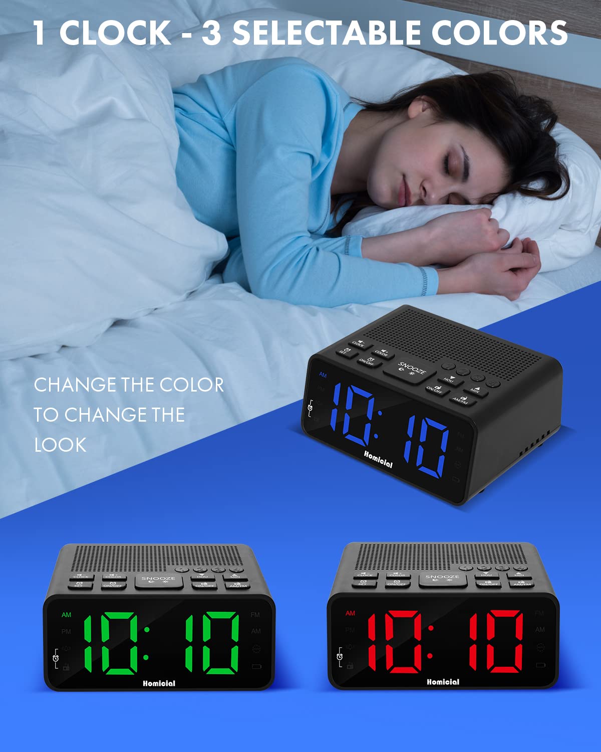 Homicial Digital Alarm Clock Radio With Am/Fm Radio, Multi-Colors 1.4    Led Digits, Preset, Sleep Timer And Clear Display With