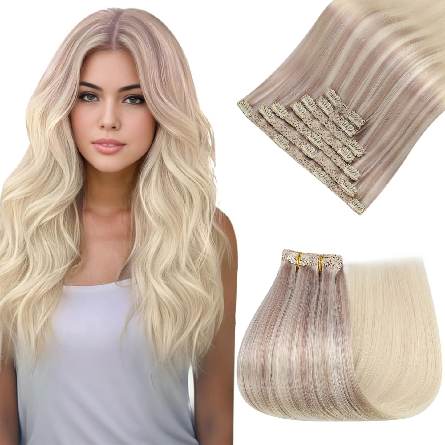 Easyouth Clip in Hair Extensions Real Human Hair Highlight Soft and Silky Hair Extensions Clip ins Ash Blonde to Platinum Blonde