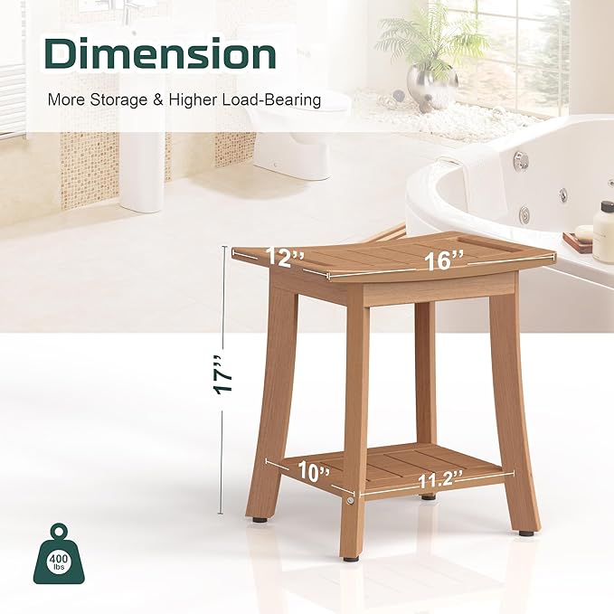 Waterproof Shower Benches for Inside Shower, Poly Lumber Shower Stool with Storage Shelf & Adjustable Feet, SPA Bathroom Seat Chair for Shaving Legs, Indoor or Outdoor Use, Teak Brown