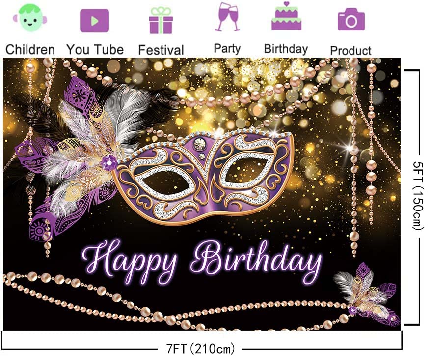 Mardi Gras Birthday Backdrop Masquerade Purple Mask Gold Glitter Feathers Photography Background Retro Women Dress-up Part...