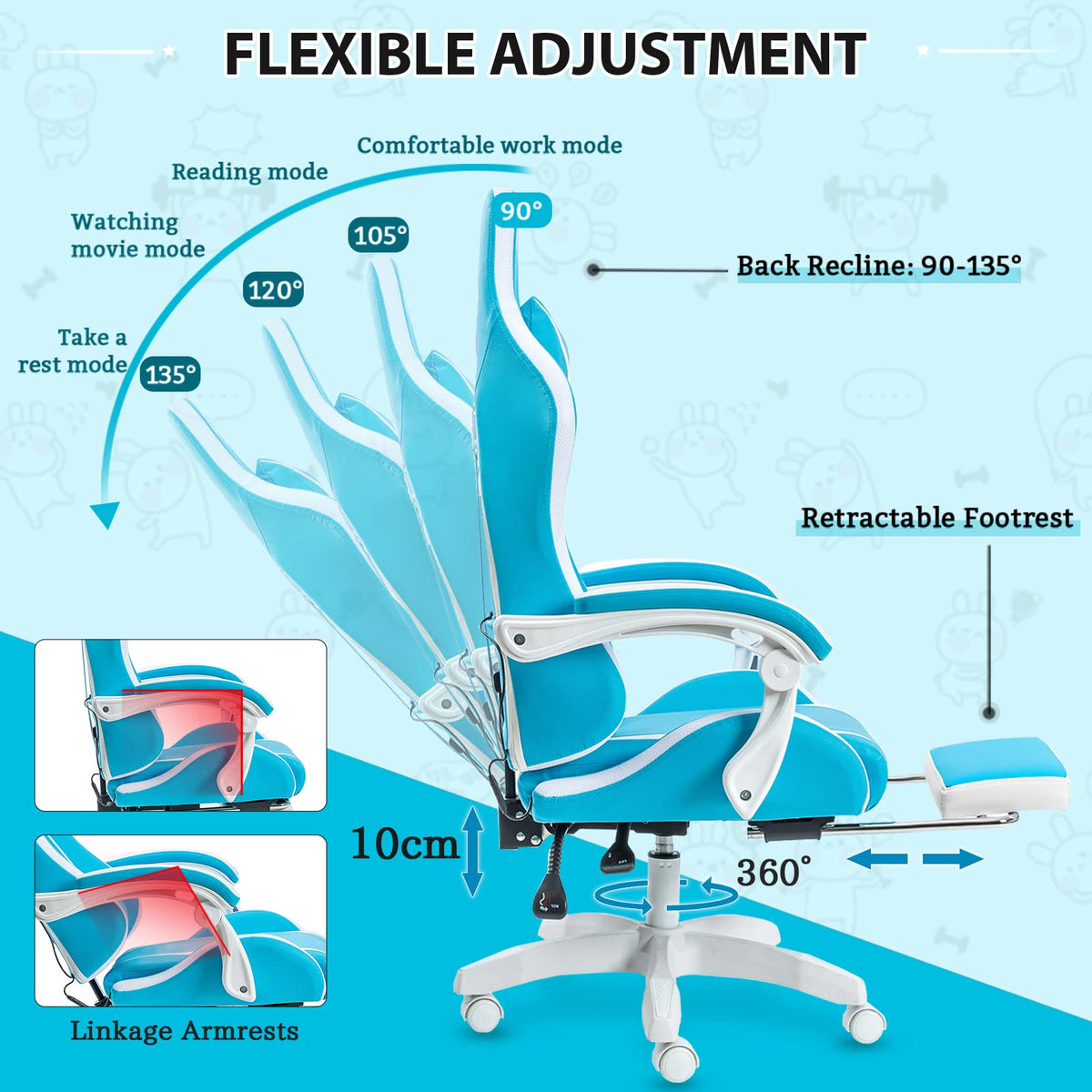 RGB Gaming Chair with LED Lights and Massage Ergonomic Computer Chair Cute with Footrest High Back Video Game Chair with Adjustable Lumbar Support Linkage Armrest Light Blue and White