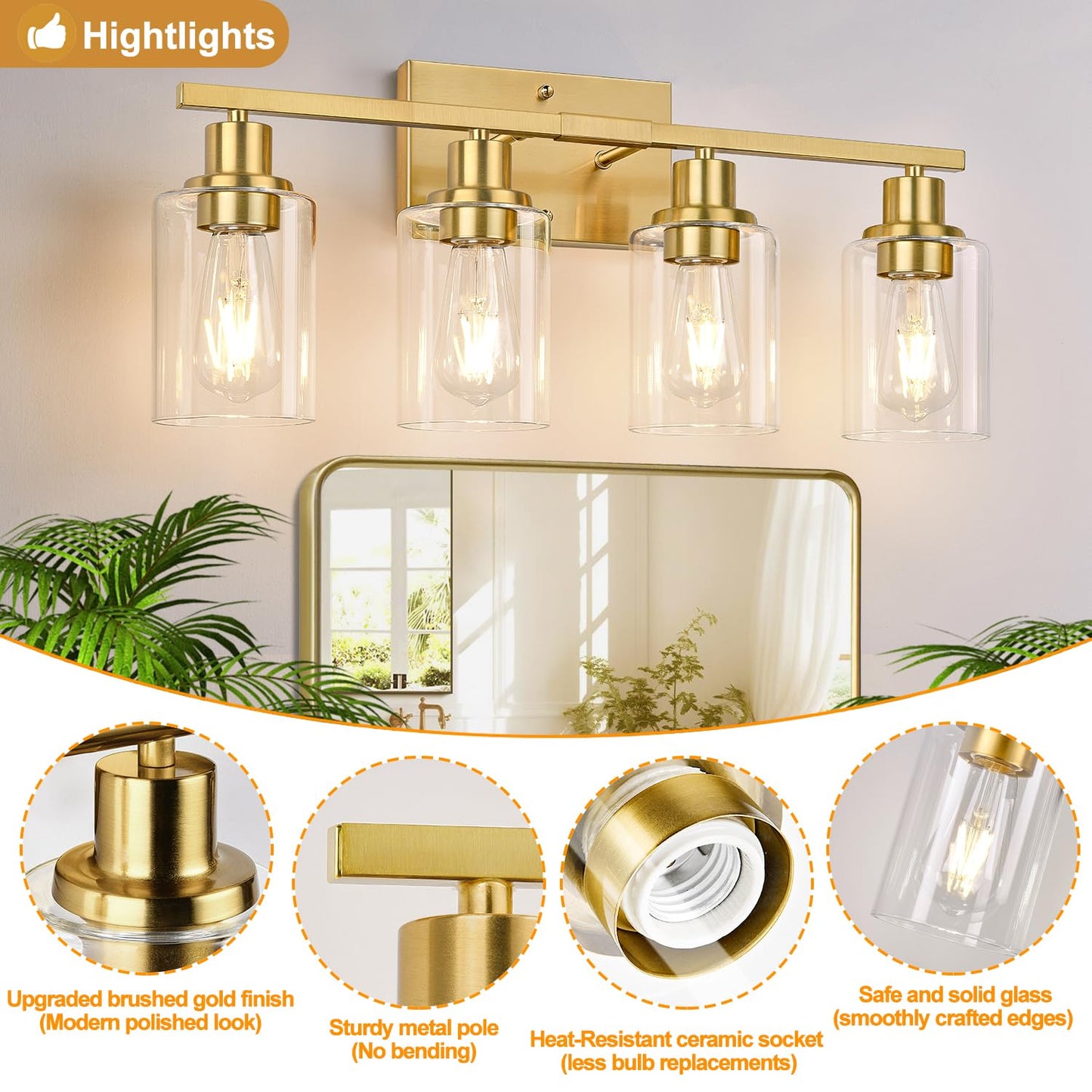 Indoi 4-Light Vanity Lights with Clear Glass Shades, Brushed Gold Bathroom Light Fixtures Over Mirror, Modern Bathroom Wall Lamp for Mirror Living Room Cabinet Bedroom Porch