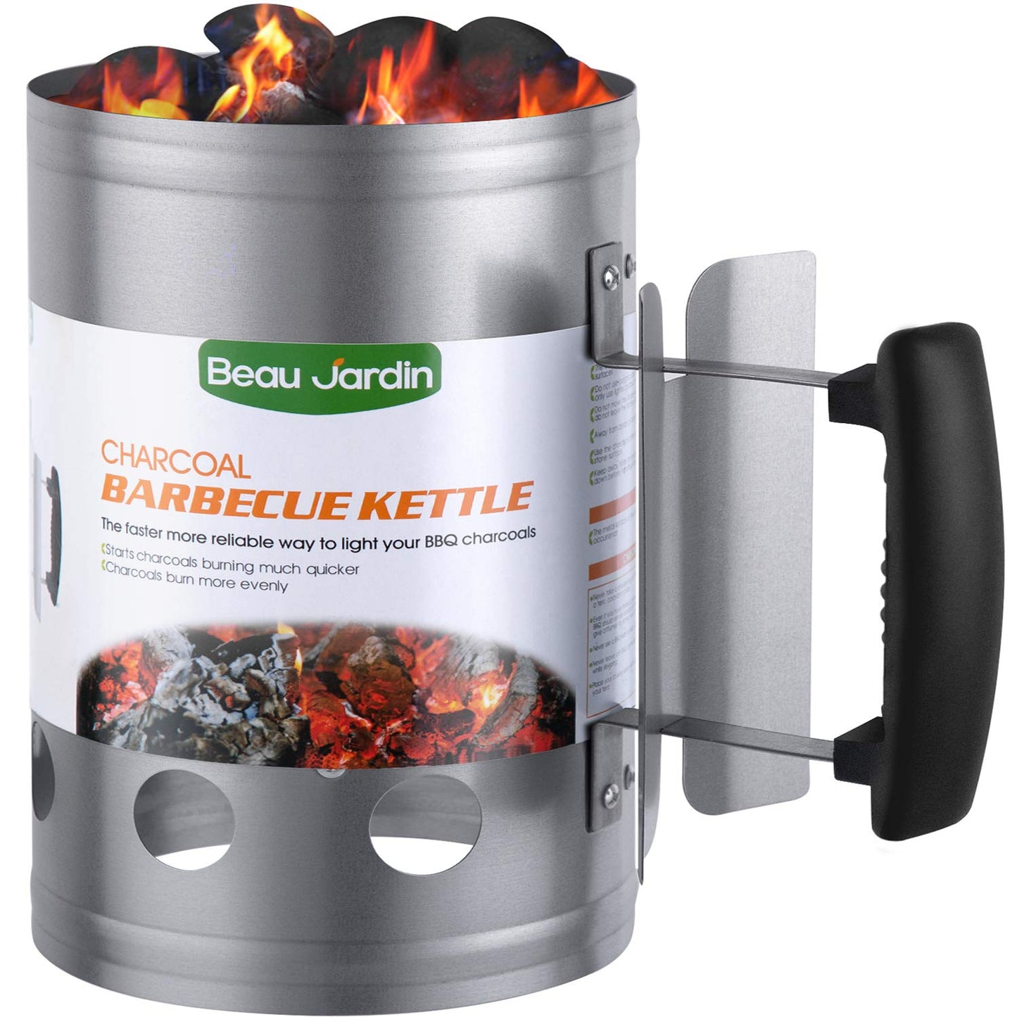 BEAU JARDIN BBQ Charcoal Chimney Starter 11"X7" Heavy Duty for Charcoal Grills Lighter Coal Fire Starter Barbecue Galvanized Steel Quick Rapid Compact Outdoor Cooking BBQ Tools Accessories Silver