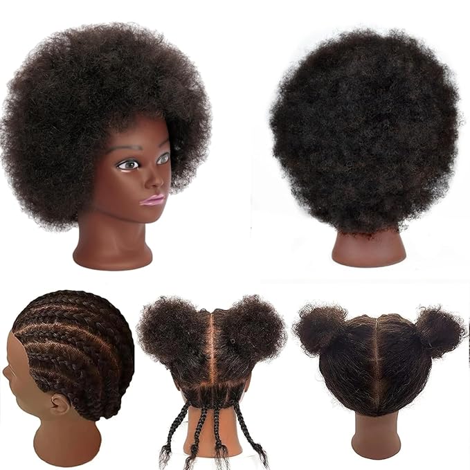 African Braiding Mannequin Head with 100% Human Hair, Cosmetology Mannequin Head with 8 Inch Afro Kinkys Curly Hair Training Manikin Doll Heads for Practice Braiding
