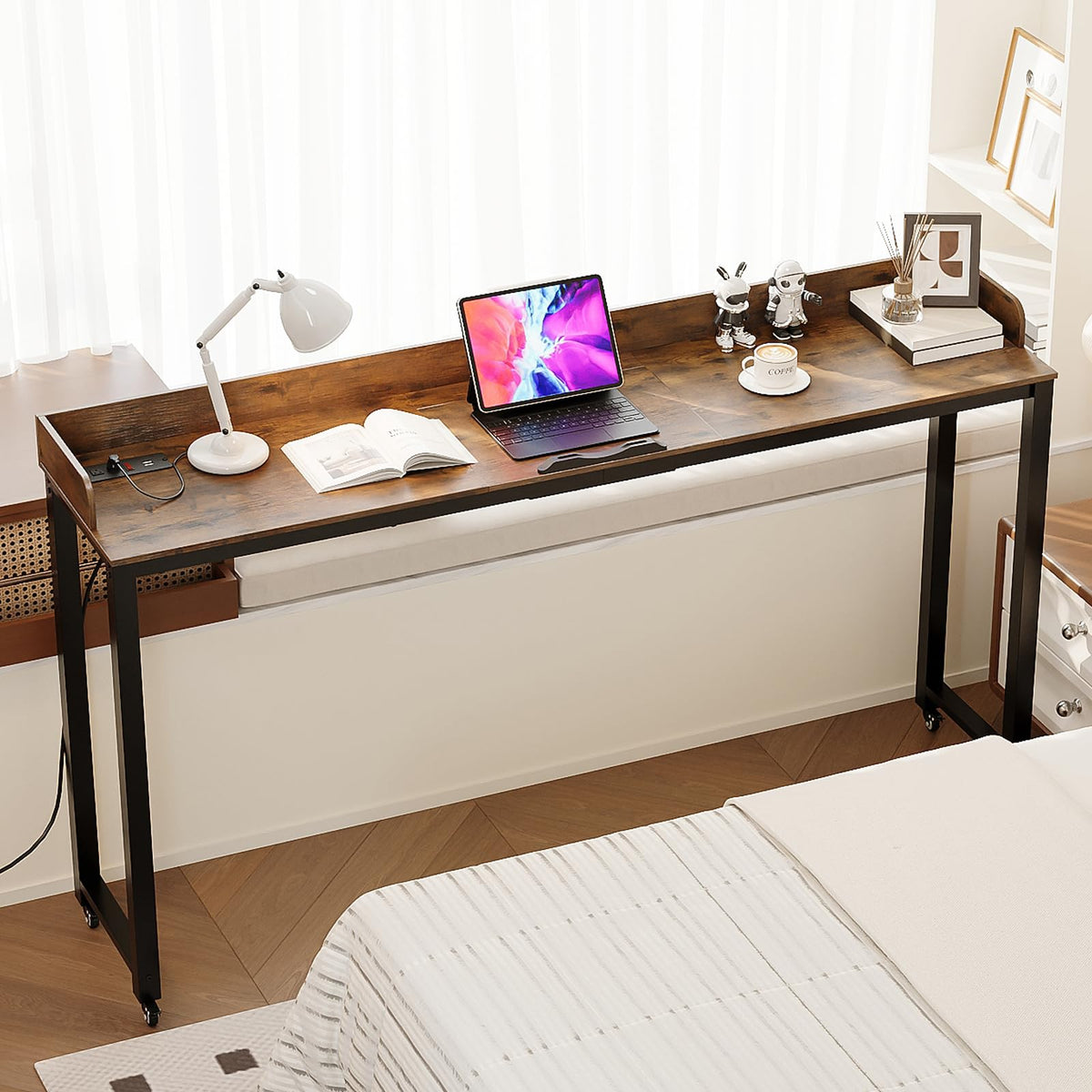 GiftGo Overbed Table with Wheels Portable Rolling Queen Size Mobile Bed Desk with Adjustable Tilt Stand Standing Laptop Cart with Outlets & USB Ports (Rustic Brown, 71 inches)