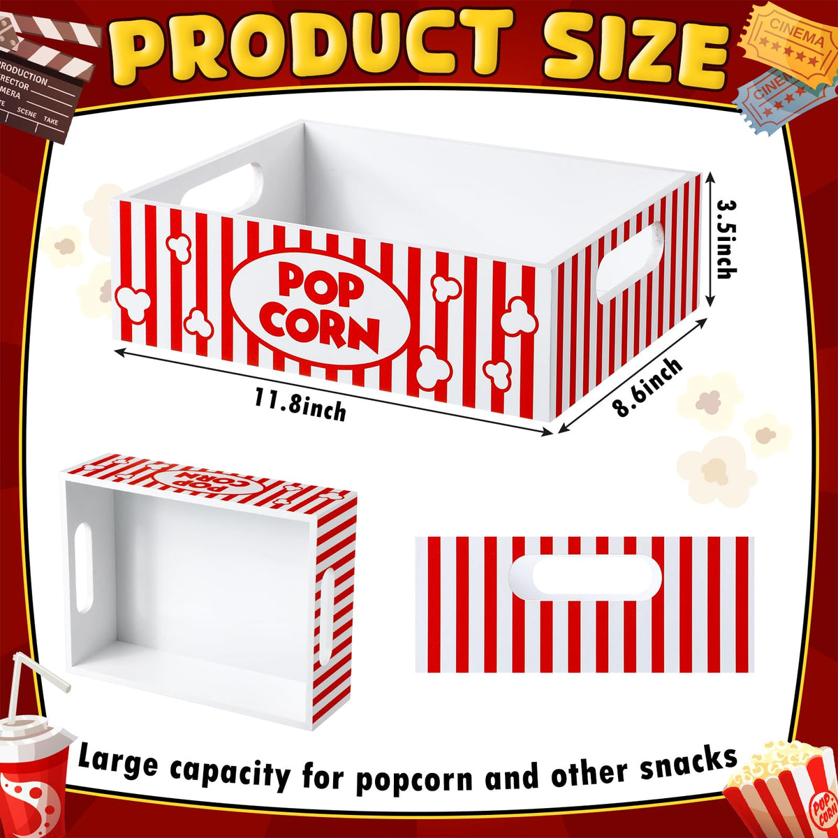 GlikCeil Movie Night Supplies Snack Trays with Handles Reusable Wooden Movie Gift Basket for Theater Popcorn Bucket Bowl Box Container Family Room Decor(Striped)
