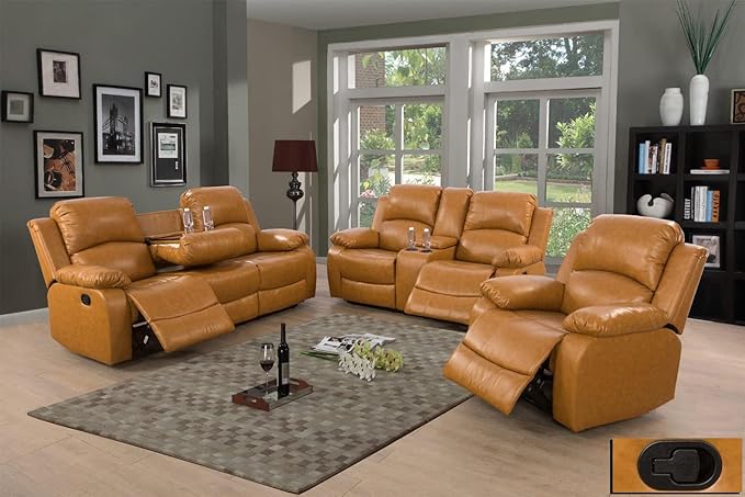 A Ainehome 3 Pieces Living Room Furniture Sets, Manual Leather Recliner Sofa Set with Storage, Reclining Couch Loveseat Chair Furniture Sofa Set for Living Room/Rv/House/Office