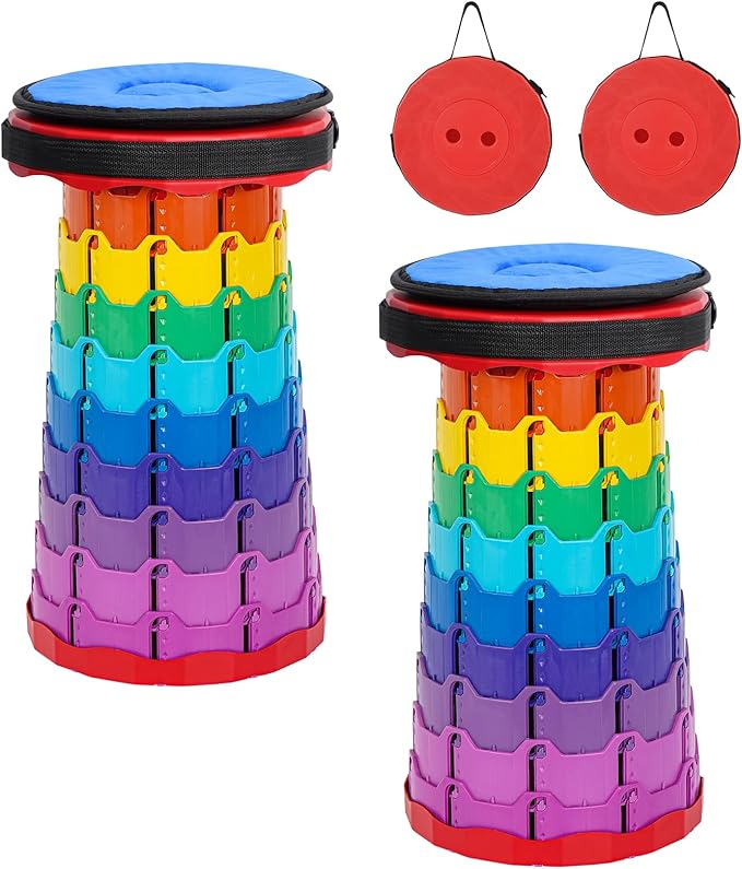 FXKS 2 Pack Portable Telescoping Stools Collapsible Stool with Cushion,Retractable Foldingstool Max Load Capacity 400lbs, Portable Collapsible Stools for Camping Hiking Outdoor BBQ Rainbow-Red