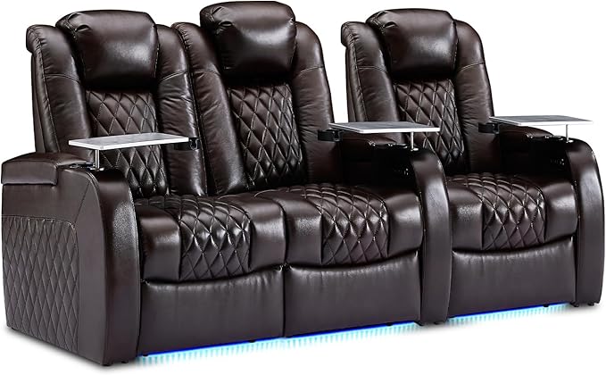 Weilianda Home Theater Seating Top Grain Leather Zero Gravity Recliner Chair Power Headrest Recline Movie Seat Gaming 7 Colors Mood Light Sofa with Tray Table USB Charge Row of 3 Loveseat Left Brown