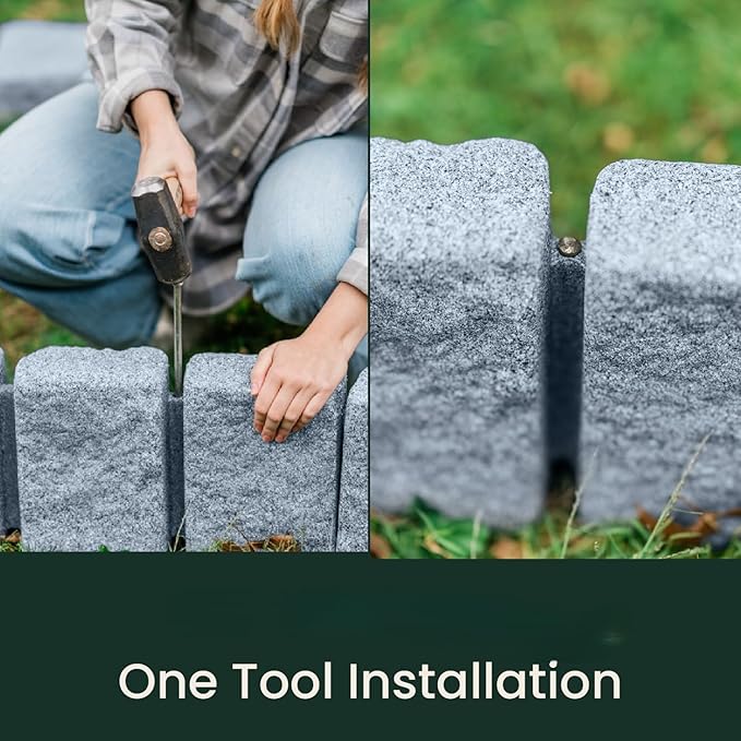 Beuta Landscape Edging | Garden Edging Border | Faux Stone Block XL for Lawn Edging, Flower Beds & Yard Edging – 40 Pack | Each Section Has 6 Blocks 48" L x 4" W x 9.5" H | 120 Spikes | Greystone