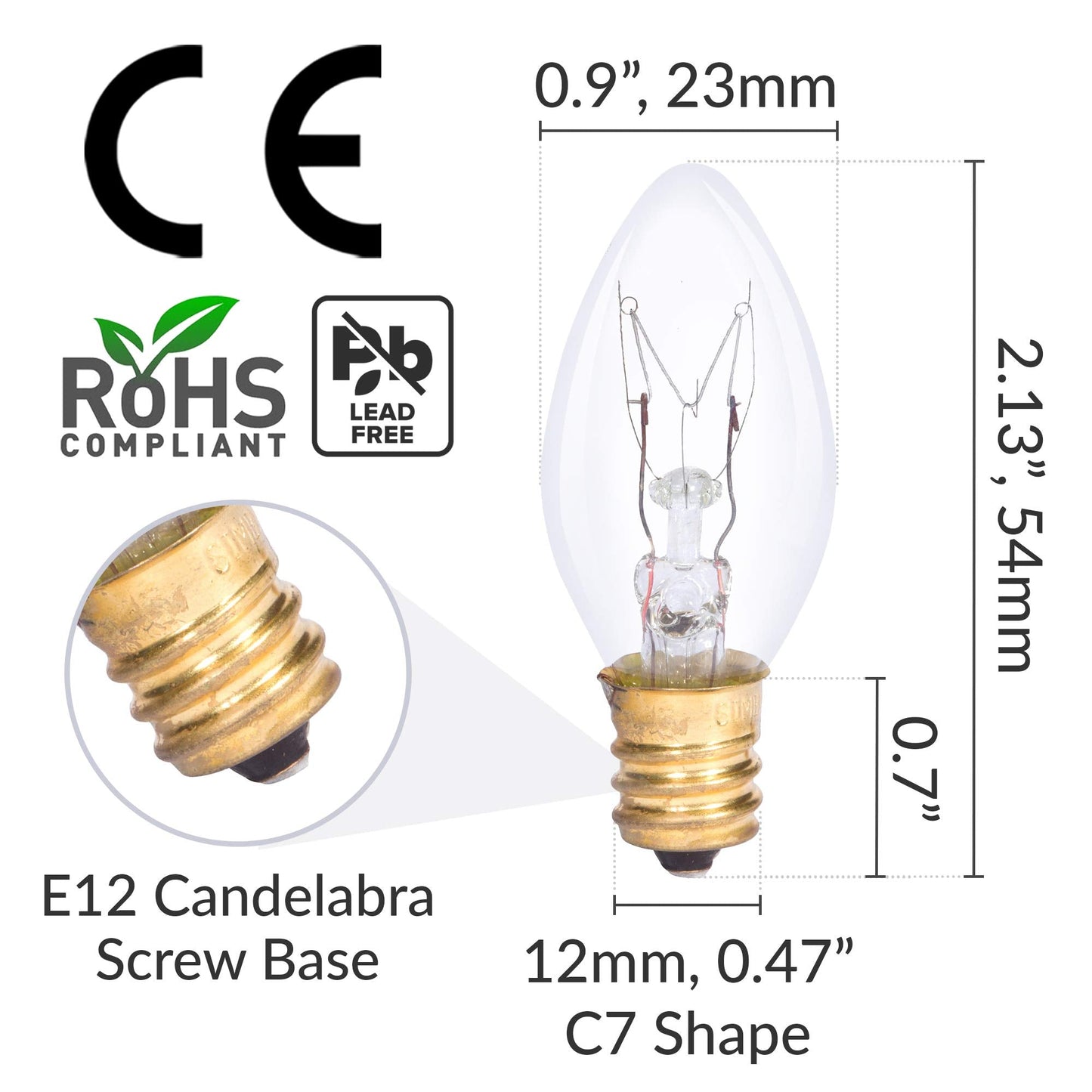 Simba Lighting C7 7W Replacement Bulb (6 Pack) for Night Light, Clear Candle Shape, 120V, E12 Candelabra Base, Dimmable, 2700K Warm White