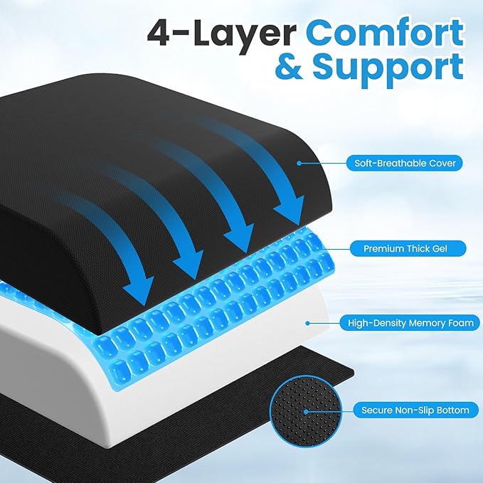 ComfyInLove Wheelchair Seat Cushion - Cooling Gel & Memory Foam Office Chair Cushion with Non-Slip Bottom & Washable Cover, Ergonomic Car Seat Pillow for Sciatica, Tailbone, Back Comfort (Black)