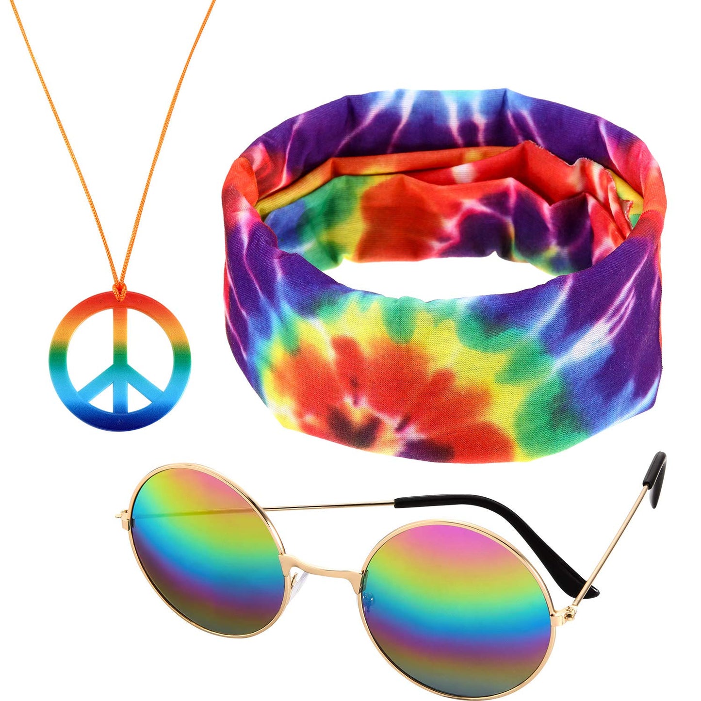 Frienda 3 Pcs Hippie Accessories Costume 70s Tie Dye Rainbow Leopard Outfits, Hippie Headbands for Men Peace Sign Necklace Sunglasses, Rainbow Style