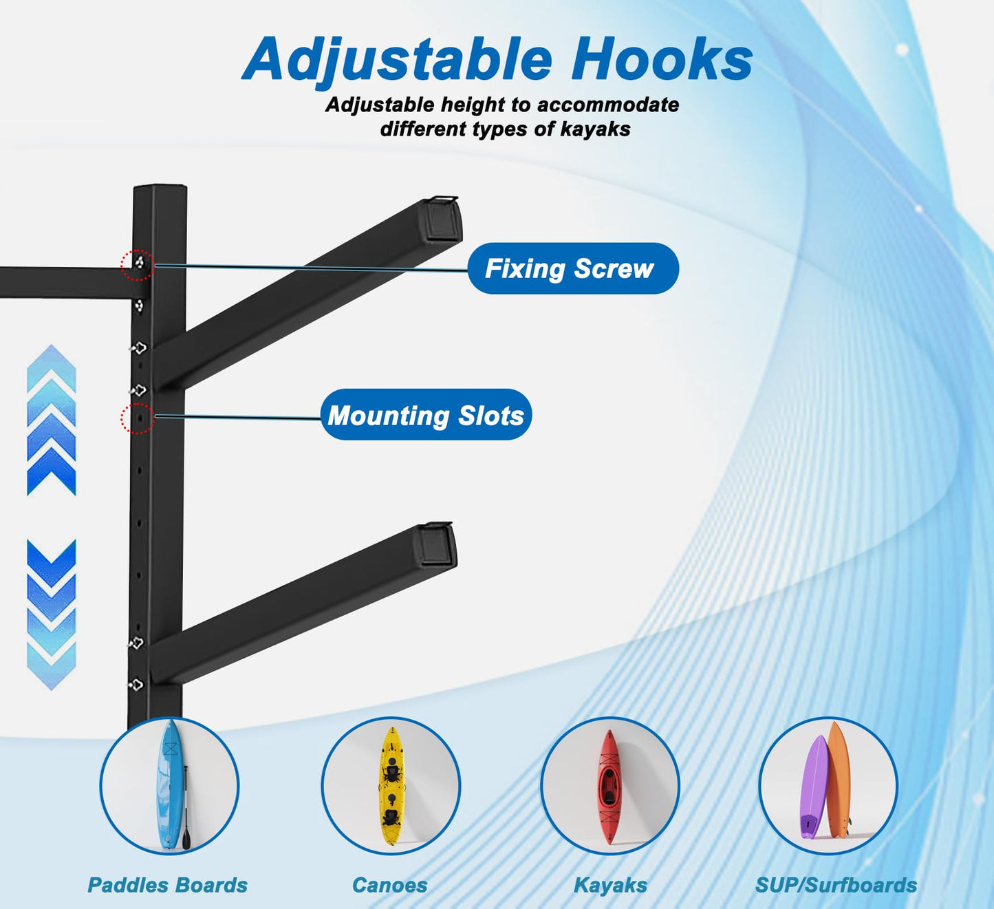 Kayak Rack Freestanding, Heavy-Duty Kayak Storage Rack W/Non-Slip EVA Pad/Powder-Coated Steel/Hooks Adjustable Paddle Board Canoe Racks for Outdoor Storage, Weather-Resistant Kayak Stands for Garage