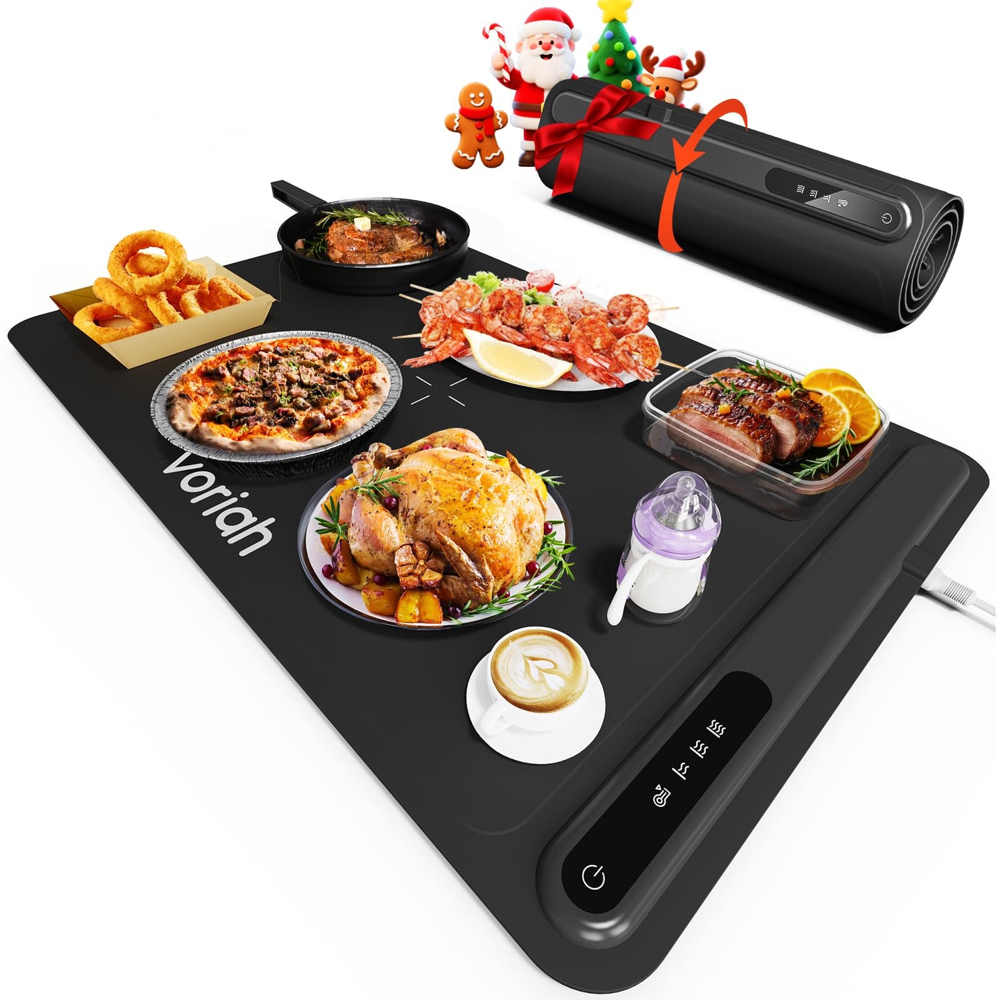 Warming Mat for Food, Voriah Electric Warming Tray with 3 Temp Settings & Auto Shut-Off, Food Warmer with Thick Silicone Surface to Keep Food Warm at Buffet, Parties, and Family Use(Black）