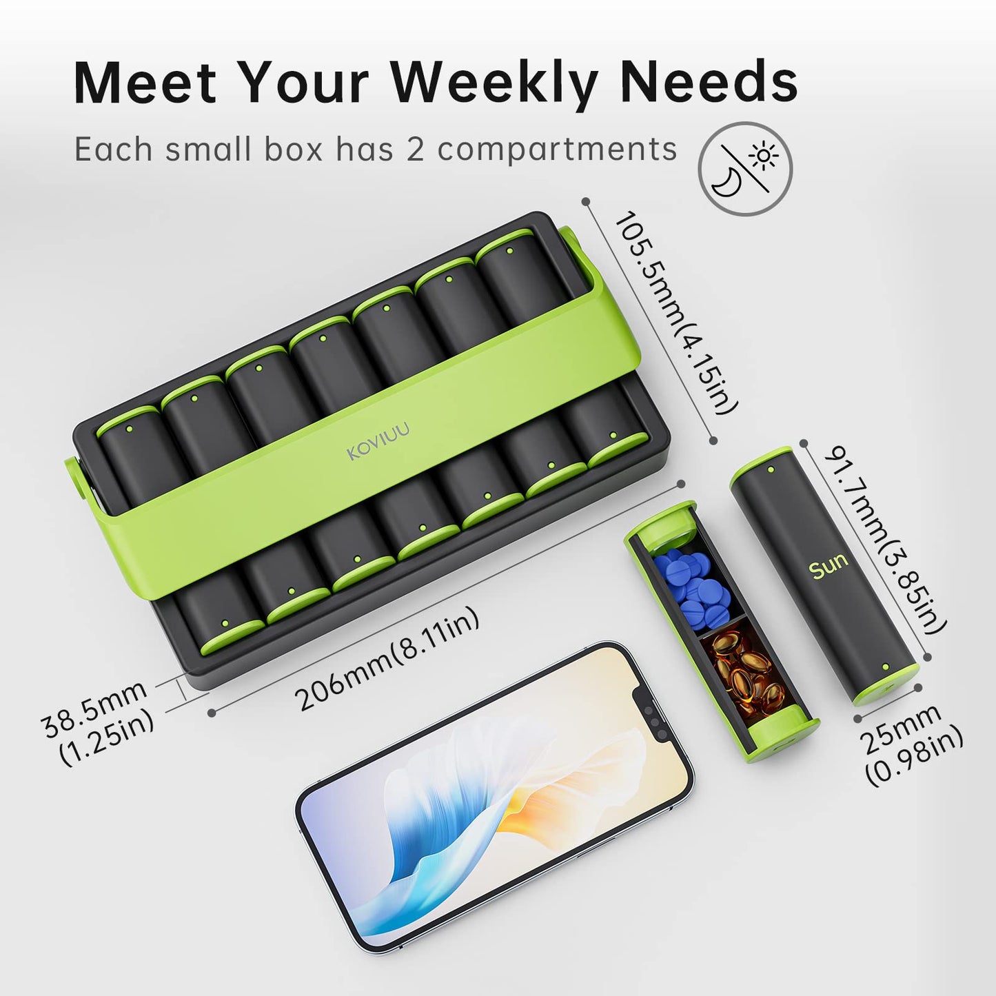 Weekly Pill Organizer 2 Times a Day, KOVIUU Large Travel Pill Box 7 Day, Am Pm Twice Daily Pill Case with Rotatable Handle, Pill Holder Container for Vitamin, Medicine, Supplement, Fish Oil, Green