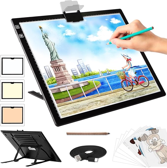 A3 Light Pad - Rechargeable Diamond Painting Light Board with Stand, 3 Colours Stepless Dimmable 6 Levels Brightness Traci...