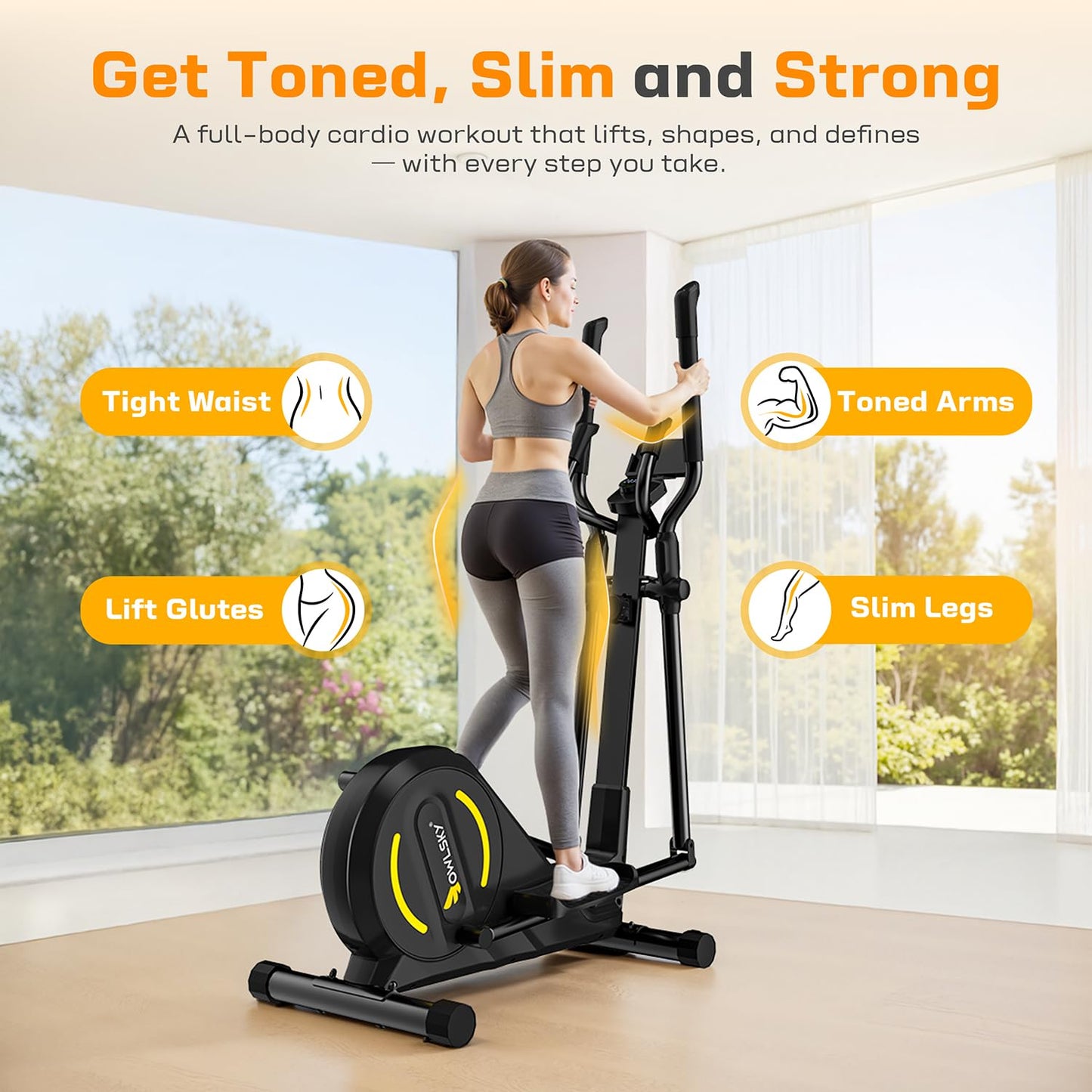 OWLSKY Elliptical Exercise Machine with APP, Elliptical Machine for Home with Hyper-Quiet Magnetic Driving System, 16 Resistance Levels,LCD Monitor,300LBS