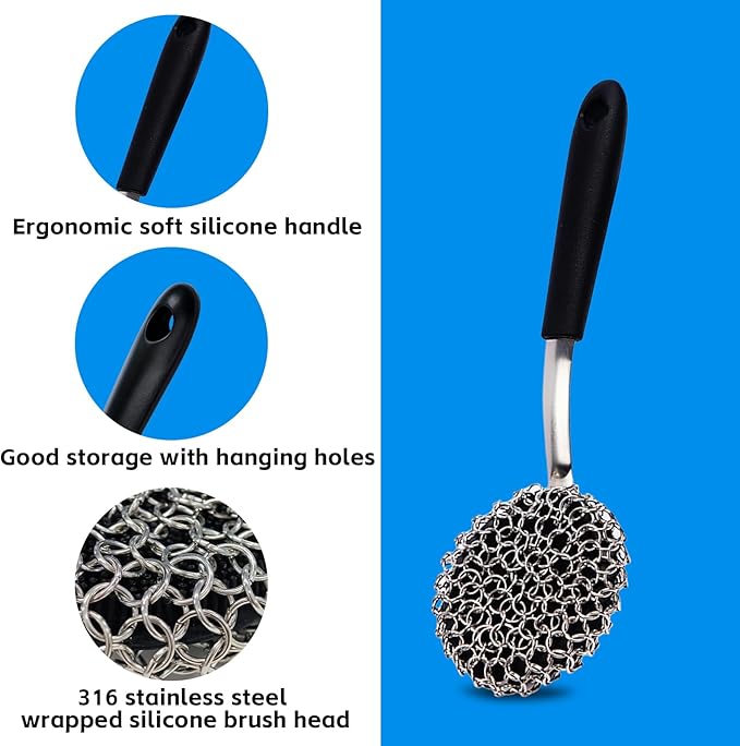 Cast Iron Scrubber with Silicone Handle, Chainmail Scrubber 316 Stainless Steel Brush Non-Scratch Pot for Cast Iron Pan Skillet Cleaner, Dishwasher Safe