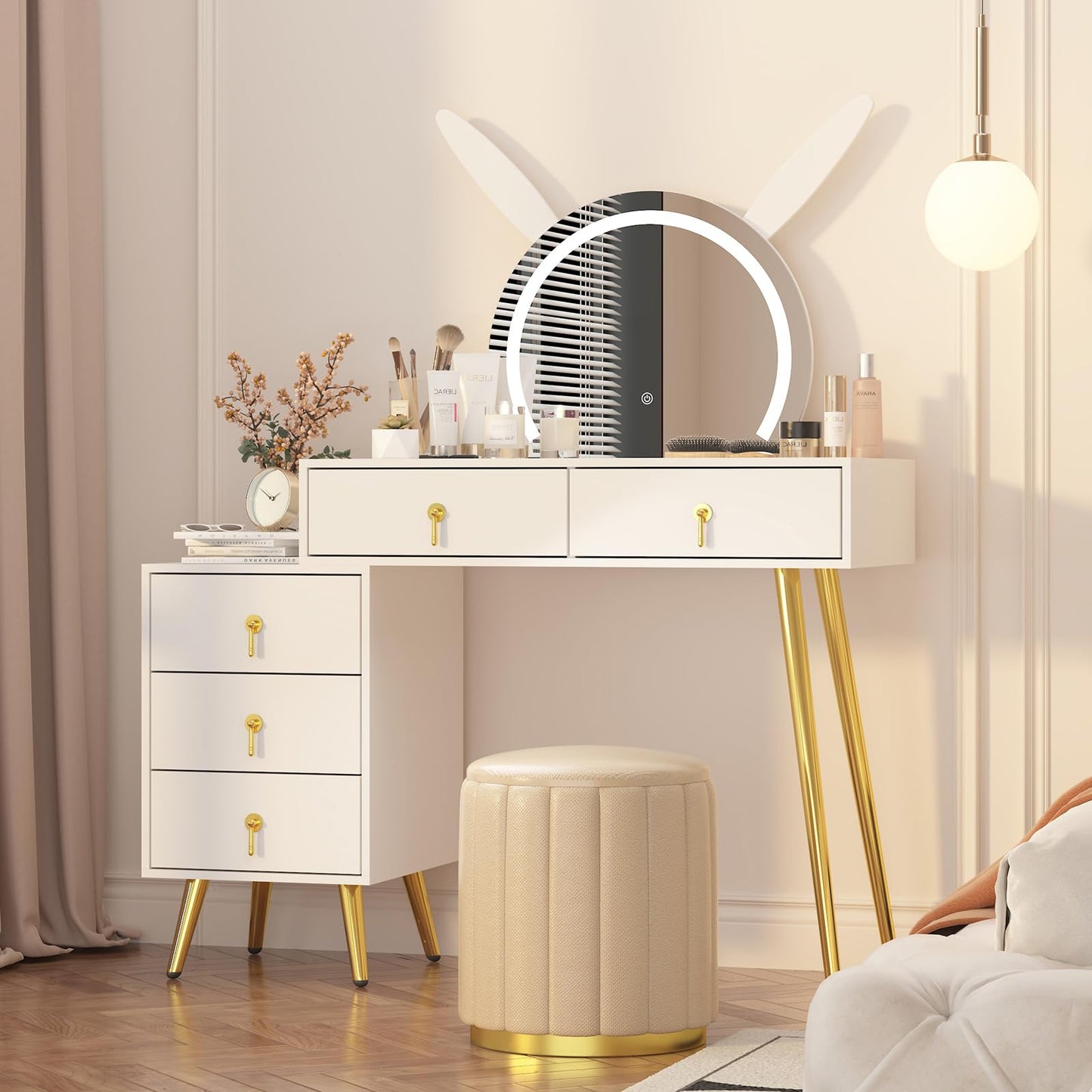 MUSSTUFIC Vanity Desk with Mirror and Lights,Makeup Table with 5 Drawers and Led Lighted Mirror in 3 Colors for Bedroom,Dressing Table(White)