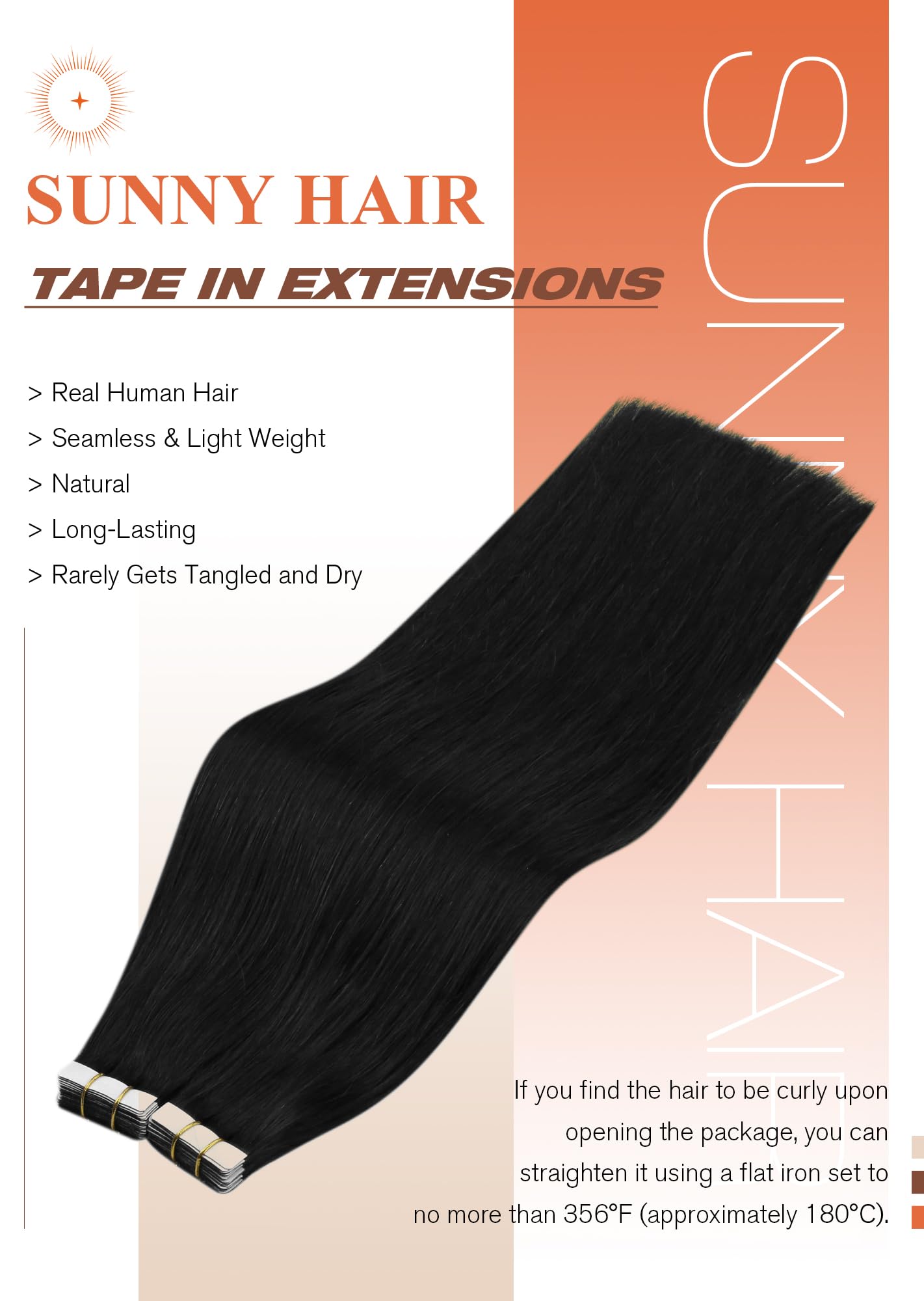 Sunny Hair Tape in Hair Extensions Real Human Hair Invisible Remy Hair Extensions Tape ins for Women Natural Black 16 inch 20Pcs