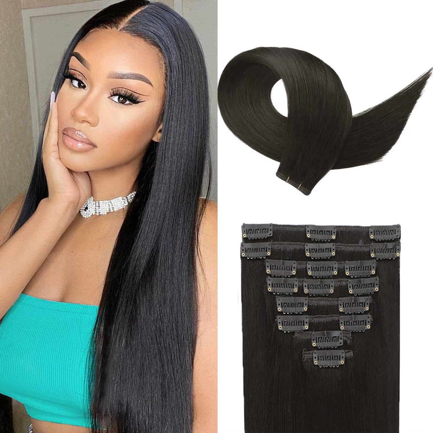 Clip in Hair Extensions Real Human Hair 18 Inch Narural Black Real Hair Extensions Clip in Human Hair Straight 8Pcs Invisible Se