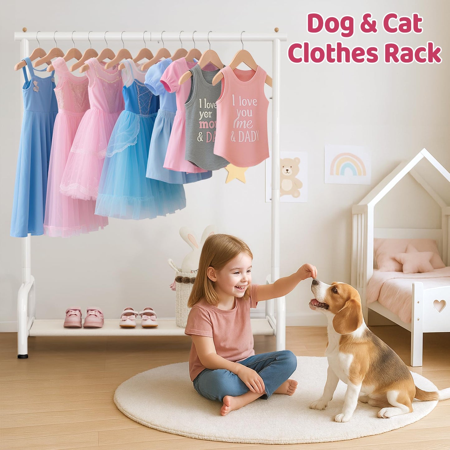 SLEEPING LAMB Kids Clothing Rack, Small Baby Clothes Rack with Bottom Storage Shelf, Kids Dress Up Rack Storage for Coats, Dance Costume Garment Rack for Hanging Clothes, White