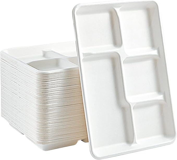 Vplus 100% Compostable 5 Compartment Paper Plates, 100 Pack, 12.5 x 8.6 inch Disposable School Lunch Trays, Eco-Friendly Bagasse Plates for Buffet, and Party
