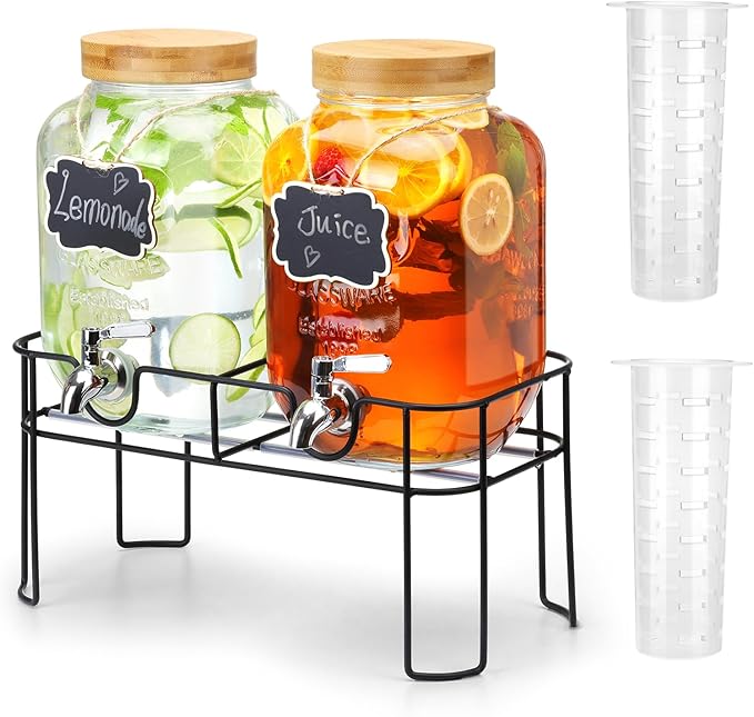 2 Pack 1 Gallon Glass Drink Dispenser with Bamboo Lid, Beverage Dispenser with Stand, Drink Machine for Lemonade, Iced Dri...
