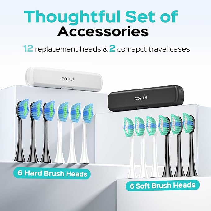 COSLUS Sonic Electric Toothbrush for Adults: 47000 VPM for Deep Cleaning & Whitening with Travel Case - 5 Modes for Sensitive Teeth & Braces, Wireless Charging, 6 Brush Heads, Black & Pink (2PCS)