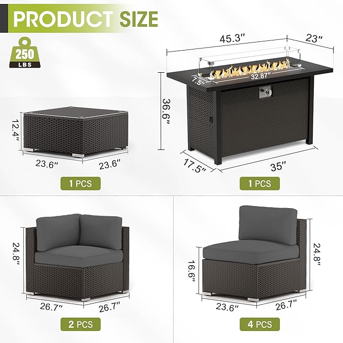 Crownland 8-Piece Outdoor Patio Furniture Sets with 45” Propane Gas Fire Pit Table, All-Weather Black Wicker Rattan Sectional Sofa with Coffee Table(Grey)