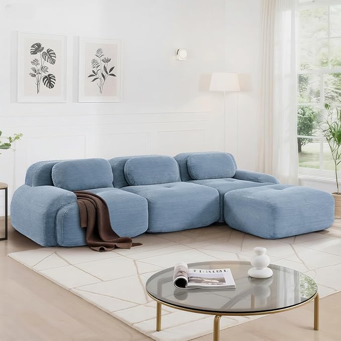SoarFlash 117" Modern L-Shaped Modular Sectional Sofa for Living Room, Corduroy Upholstery Oversized 3-Seater Couch with Deep Seat and Movable Ottoman-No Assembly, Blue