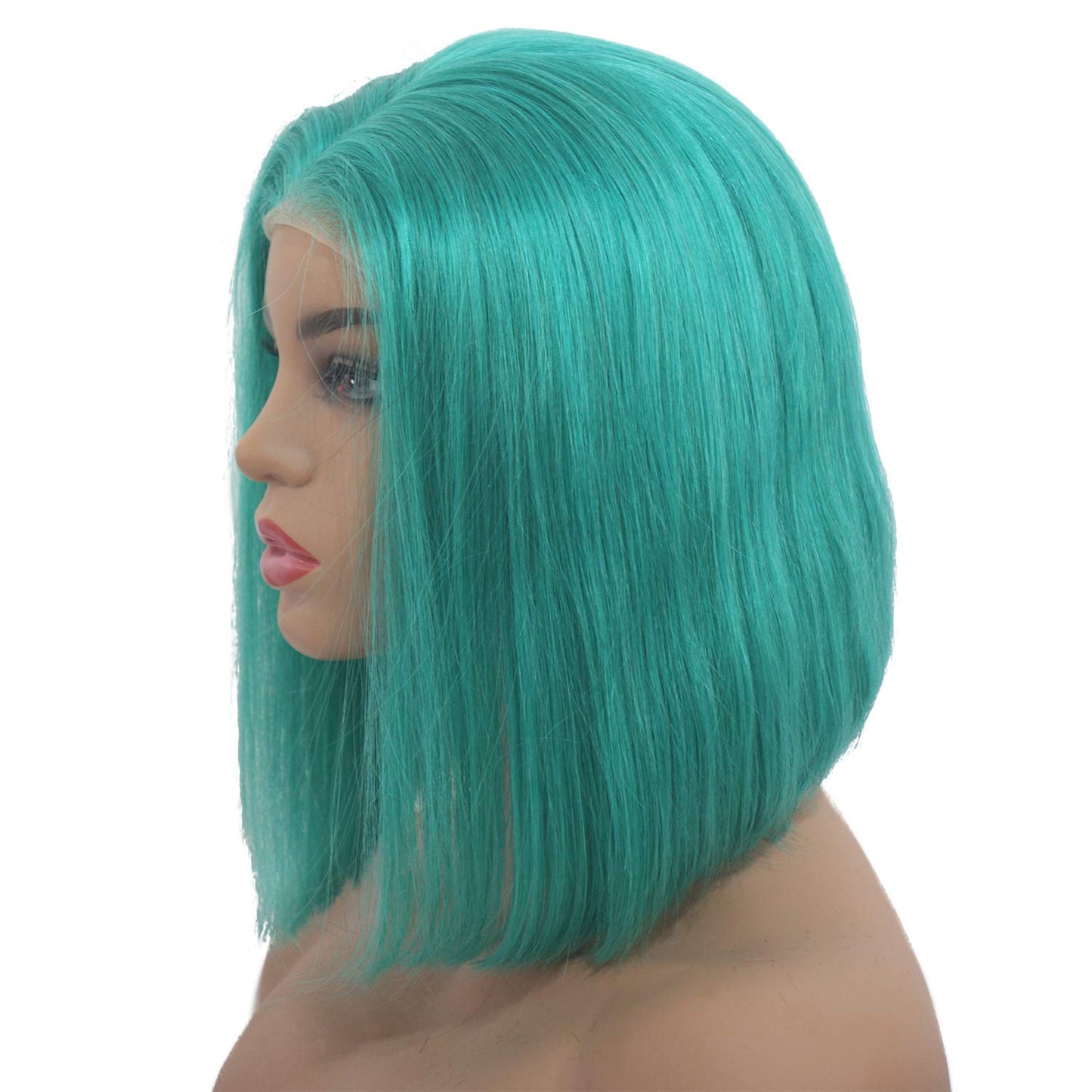 14inch Human Hair Lace Front Wigs Bleached Knots 180% Density Silky Straight Lake Blue Short Bob Wig Pre Plucked Natural Hairlin