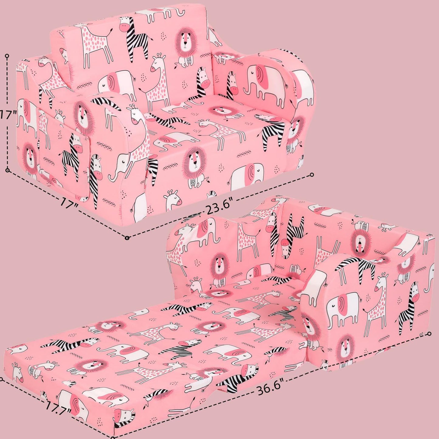 MOMCAYWEX Pink Kids Sofa, 2-in-1 Kids Couch Fold Out, Convertible Sofa to Bed for Girls and Boys