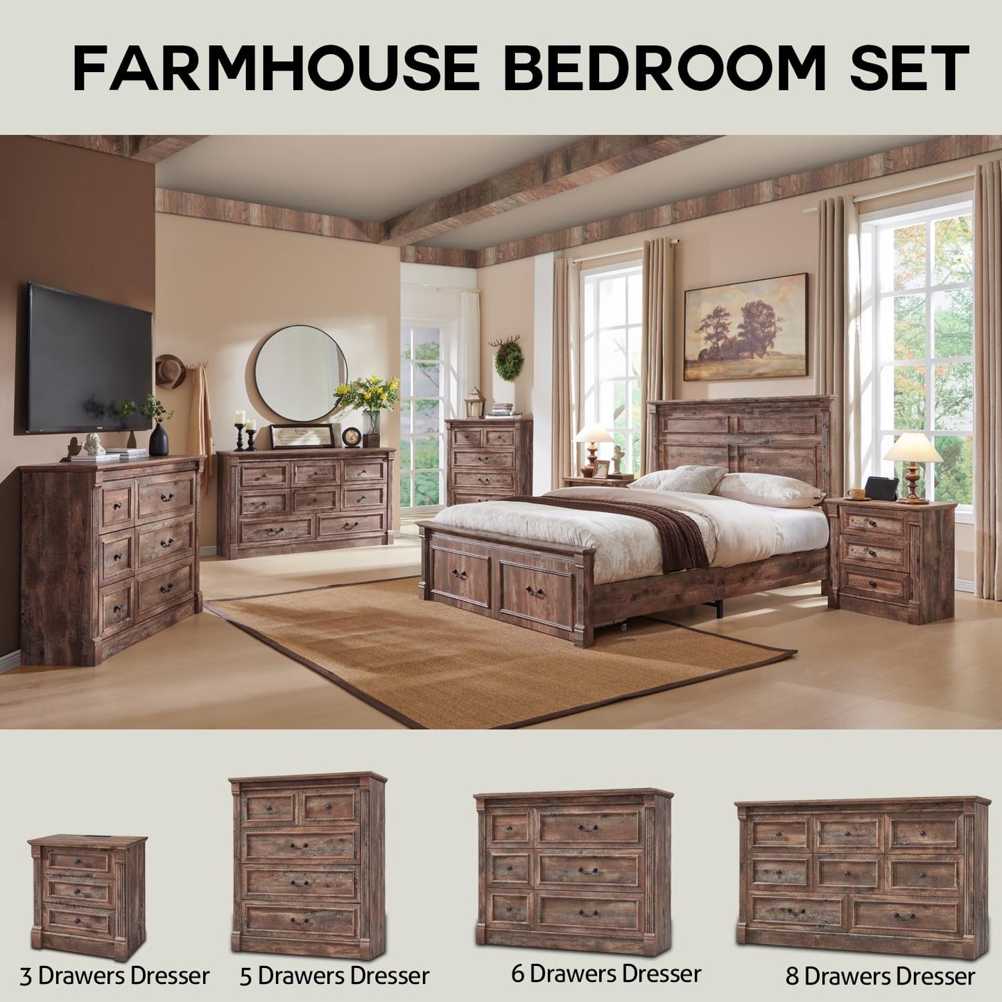 Aitjunz Farmhouse Queen Size Bed Frame with 51" Tall Headboard, Wood Platform Bed Frame with 20" Tall Roman Column Decoration Footboard & 2 Large Storage Drawers, No Box Spring Needed (Light Brown)