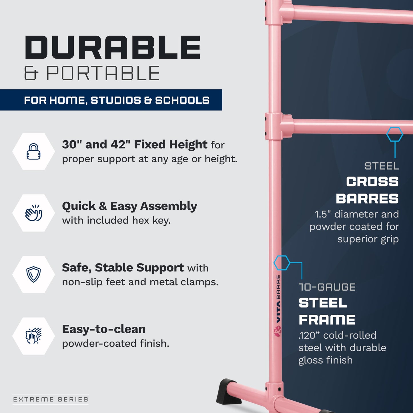 VITA Barre Portable Freestanding Double Ballet Barre, Extreme, 10 Ft Bars, Light Pink, Steel | Fixed Height, Made in USA, Home or Gym Exercise Equipment for Kids & Adults | Dance, Fitness, Pilates