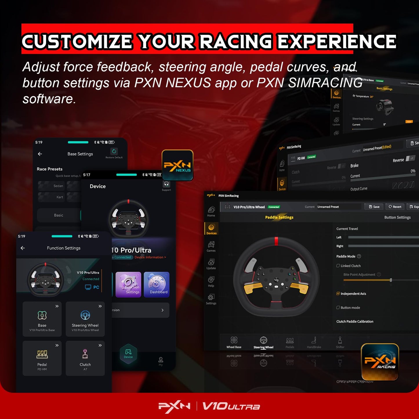 PXN V10 Ultra Direct Drive Racing Wheel & Pedals – 3.2Nm Force Feedback, 10.6'', 4 Paddle Shifters, Hall Effect 2-Pedal Set - Gaming Steering Wheel for Xbox Series X|S, Xbox One, PS4 & PC