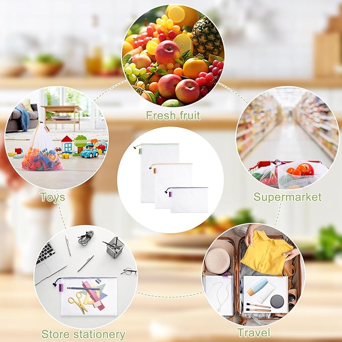 Blcculi 12 Pcs Reusable Produce Bags,Washable Mesh Produce Bags,Mesh Grocery Bag with Drawstring & Colorful Tare Weight Tags,See-Through Vegetable Bag for Grocery Storage,Fruits,Large Medium Small