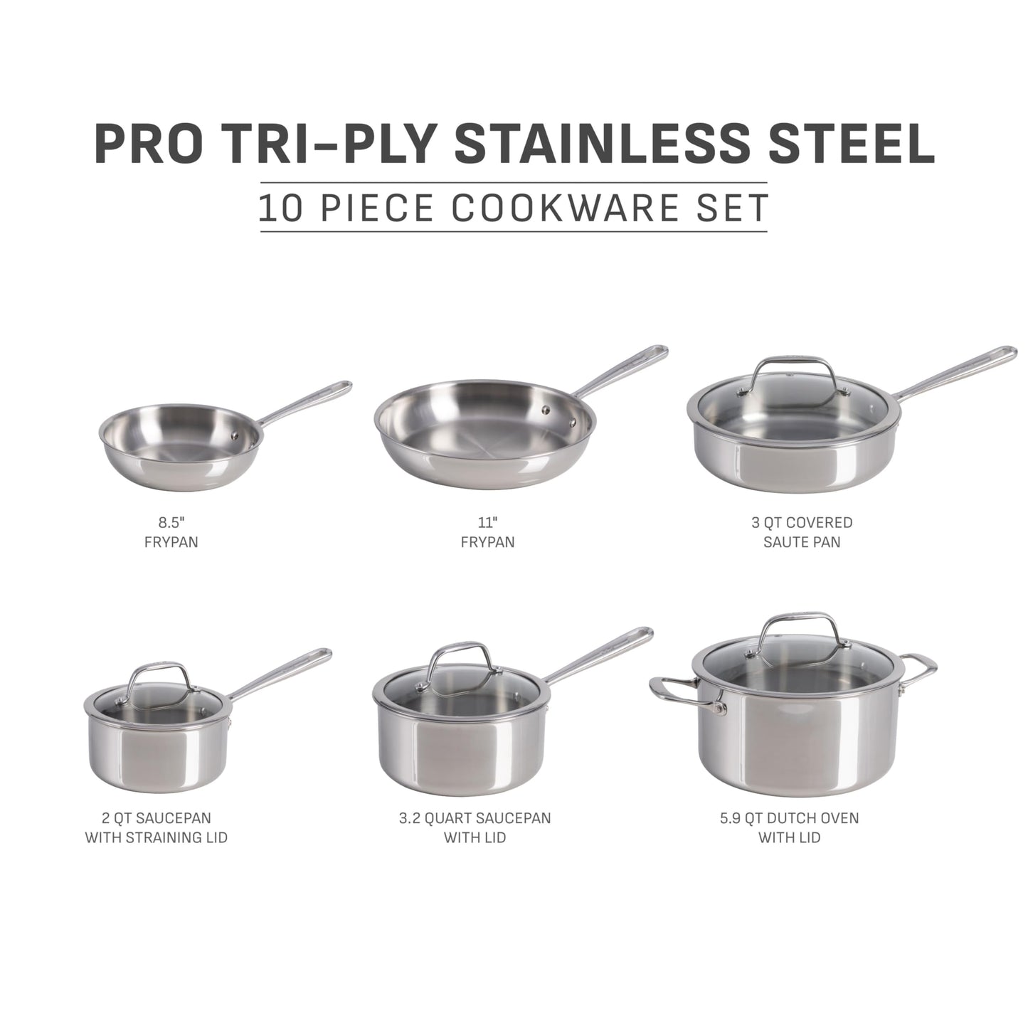 T-fal Pro Tri-Ply Stainless Steel Cookware Set, 10 Piece-Induction Compatible, Oven Safe 500F, Lids-350F, Even Heat, Professional Quality, Durable, Induction Pots and Pans Set, Silver