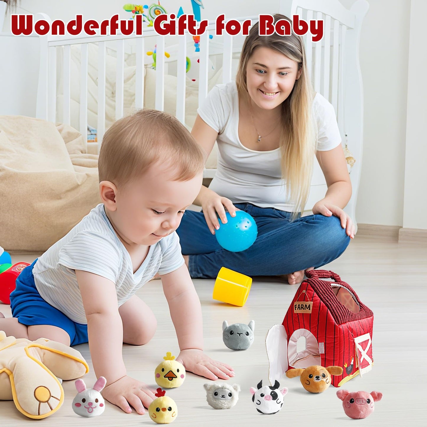 YideOtmz Baby Montessori Toys 6-12 Months, Busy Sensory Toys for Toddlers 1-3, Plush Big Red Barn with Stuffed Farm Animals, Rattle, Crinkle,Christmas Easter Birthday Gifts for Baby Boys Girls