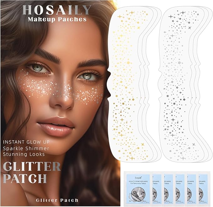 HOSAILY 6 PCS Glitter Freckles Face Tattoo, Gold&Silver Waterproof Face Sparkle Glitter Speckles Patches for Women, Cute S...