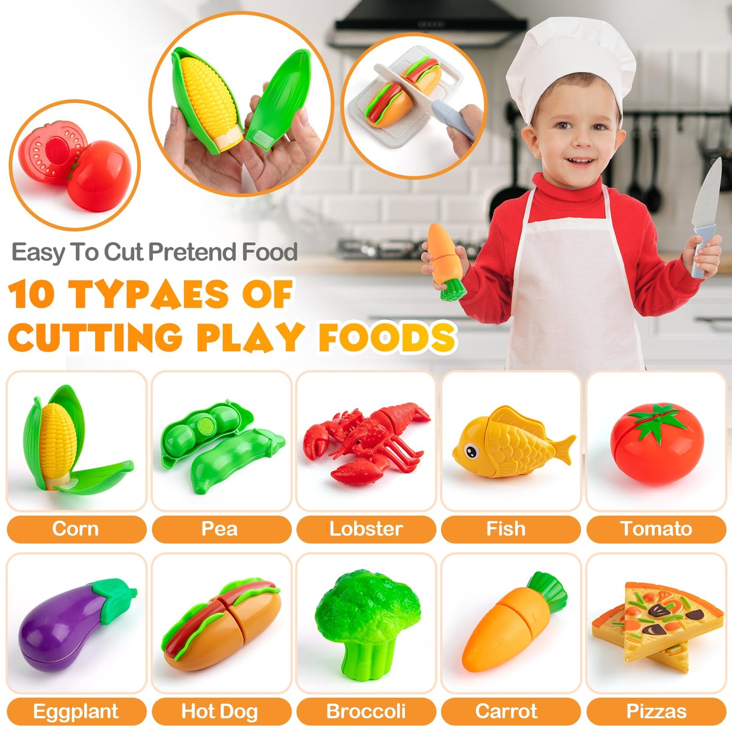 Kids Play Kitchen Accessorie, 42Pcs Toddlers Pretend Toy Kitchen Playset Cooking Sets with Pressure Pots and Pans, Cookware, Utensils, Cutting Play Food Preschool Education Toys Gift for Girls Boys