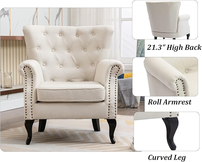 DM Furniture Mid Century Accent Chair for Living Room, Linen Fabric Button Tufted Armchair Wingback Club Chair, Modern Single Sofa Lounge Chair with Pillow for Reception/Bedroom, Beige