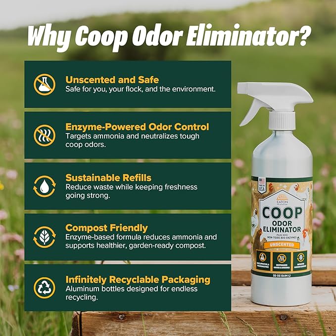 Coop Odor Eliminator Spray- All-Natural, Unscented Enzyme-Based Formula for Poultry | Neutralizes Ammonia, Supports Composting & Sustainable Coop Care | Safe for Chickens & Flocks