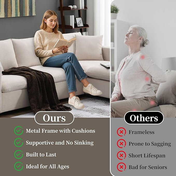 KIVENJAJA Beige Cloud Couch for Living Room Apartment Small Spaces, Linen L Shaped Modular Sectional Sofa with Convertible Ottoman Chaise, Modern Minimalist, Metal Frame, 100.4" W 3 Seater